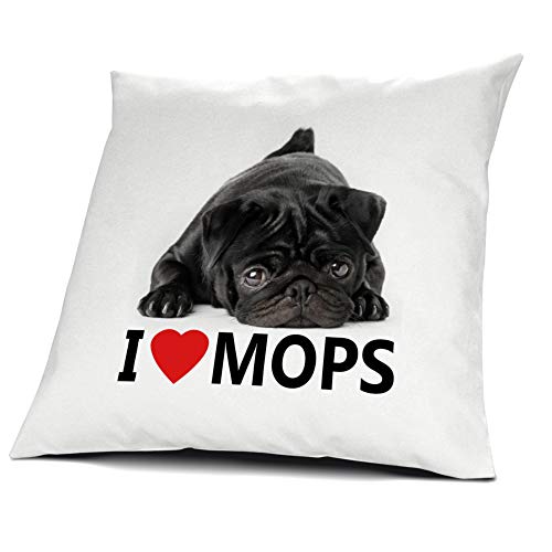 printplanet® Kopfkissen Mops, Kissen mit Füllung I Love Mops, 40 cm, 100% Baumwolle