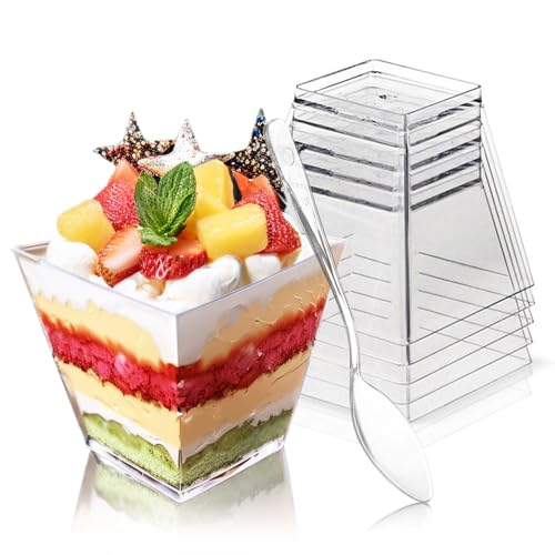 Hiasobre 30 Pack 3.5 Oz Plastic Dessert Cups With Spoons, Mini Square Parfait Appetizer Cups, Reusable Small Shooter Cup, Clear Serving Bowls For Tasting Party Samples Dessert Shot Glasses