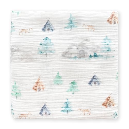 Image of SwaddleDesigns Cotton Muslin Swaddle Blanket, Receiving Blanket for Baby Boys & Girls, Best Registry Gift, 46x46 inches, Watercolor Denim Mountains & Trees