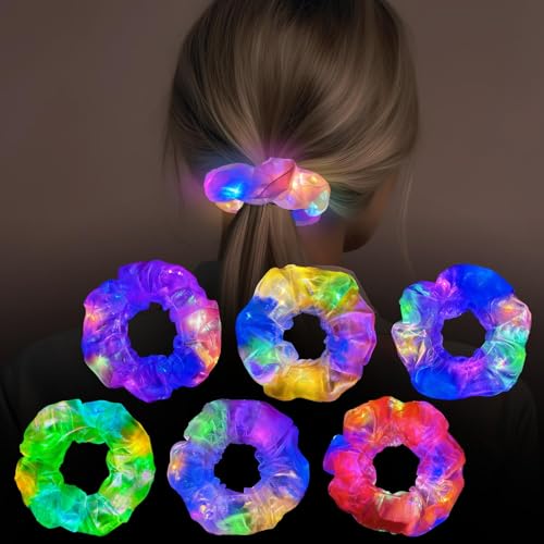 MiraWish 6 Pack Light Up Hair Scrunchies for Girls Women Pearl Mesh LED Scrunchies Glow in The Dark Hair Accessories 3 Light Modes Bright Party Scrunchies for Festivals Raves Birthday Gifts
