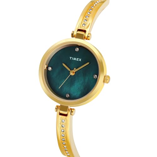 Image of TIMEX Analog Watch for Women with Mother of Pearl Green Round Dial & Gold Brass Bracelet Band Water Resistant Women's Wrist Watches - TWEL200SMU03