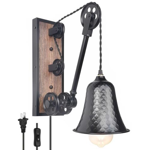 BARSUNS Steampunk Industrial Pulley Wall Sconce Plug in, Vintage Black