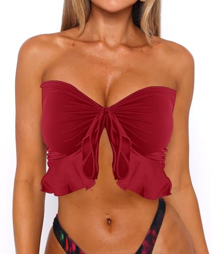 Coloquin Women Strapless Bikini Top Tie Front Ruffle Swimming Tops Swimwear Bathing Suit Red S