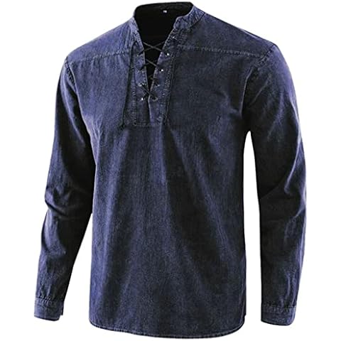 Mens Cotton Shirts Casual Fashion Retro Long Sleeve Shirt V-Neck Drawstring Henley T Shirt Band Collar Lace-up Shirts Grandad Tops Dark Blue 3XL Cover