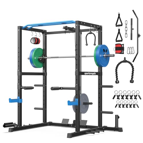 Sportsroyals Squat Rack, LAT Power Cage, Power Rack Multi-Function with Pulley System and Training Attachments for Home Gym Blue 160LB Colorful Packag