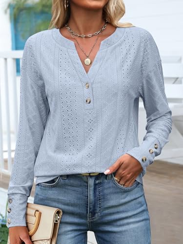 ANRABESS Womens Eyelet Tops Long Sleeve Henley Shirts Business Dressy Casual Blouse Vacation T-Shirt 2025 Fall Outfits