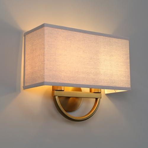 Pathson Industriel Double Tête Applique Murale, Rectangulaire Tissu Lin Abat-jour Lampe Murale, pour Chambre à Coucher, Salon, Couloir, Hôtel (Antique-Lin)