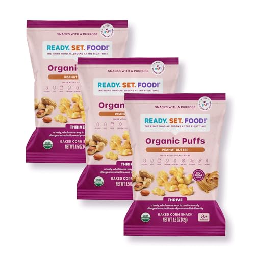 Organic Puffs - Early Allergen Snack Puffs w/ 9 Top Allergens: Organic Peanuts, Cashew, Egg & More by Ready Set Food, No Added Sugar, Babies 8+ Months, Peanut Butter 3-Pack