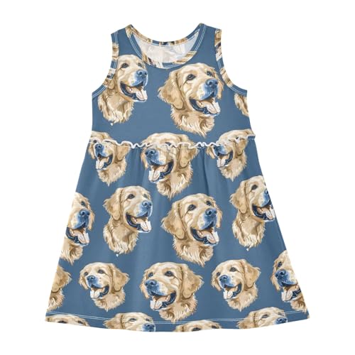 Girls and Toddlers'Sleeveless Navy Golden Retriever Dog Summer Casual Dresses for Home Party Beach 2-8 Years