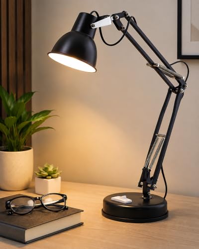 Image of AKR Matte Black LED Desk Lamp | Adjustable Swing Arm Study & Office Table Light with Stable Metal Body & Multi-Angle Design | Reading Lamp for Work Desk, Study Table & Home Use (Black)