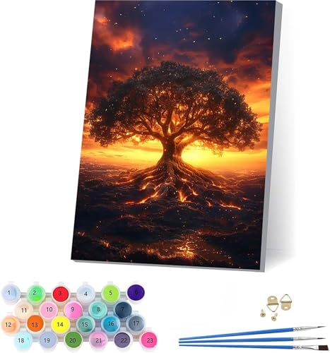 Sunset Framed Paint by Numbers Kit for Adults, Tree Paint by Numbers Kit for Adults on Canvas, DIY Acrylic Oil Painting Kits with Brushes, Painting for Home Wall Decor, Gifts for Women 40x52in R-5639