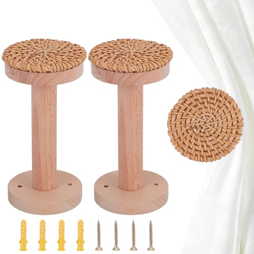 CREATCABIN 2 Embrasse de Rideau en Rotin Style Bohème en Bois Naturel Ronde à Fixer au Mur avec Crochet Décoratif pour Rideaux de Porte Ou de Fenêtre...