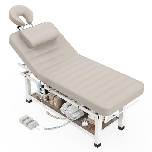 Image of Heated Electric Massage Table 3 Motor, Heavy Duty Adjustable Spa Bed with Backrest & Leg Rest, 1000 lbs Capacity, Storage Shelf, Remote & Foot Pedal for Facial, Salon, Tattoo & Medical - Beige Gray