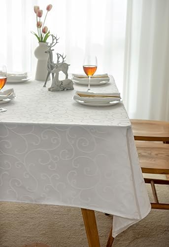 Marina Decoration Home Decor Jacquard Waterproof Thick Elegant Premium Solid Damask Scroll Decorative Kitchen Table Cloth Liquid Repellent Stain Resistant Tablecloth, White Color Oblong 60 x 144 Inch