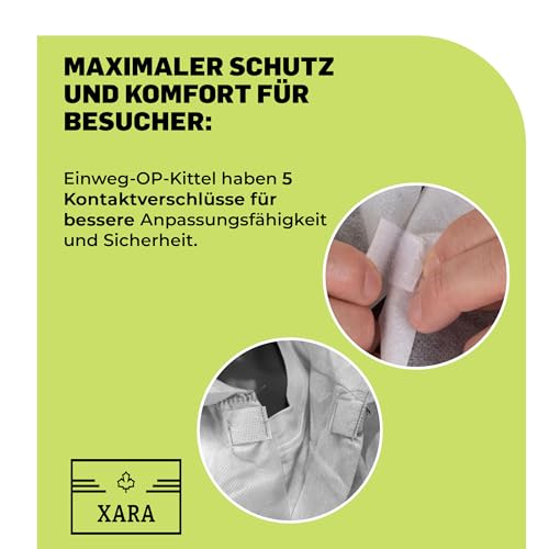 XARA Schutzkittel Einweg - Einweg-Schutzkittel – Einwegkittel – Einheitsgröße - Größe XL -112 x 138cm - TNT Polypropylen 25 gr - Einwegkittel mit Kontaktverschluss - Atmungsaktiv - 10 Stück
