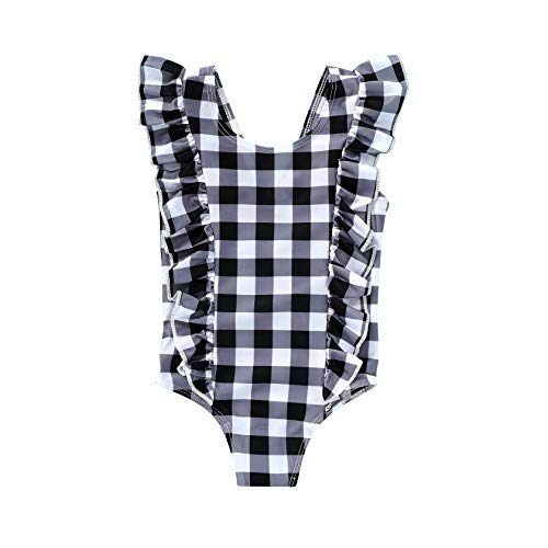 Infant Baby Girls Swimsuit Toddler One-Piece Plaid Swimwear Beach Bikini Leopard Ruffles Bathing Suit Outfits (0-3 Months, Black&White Plaid)