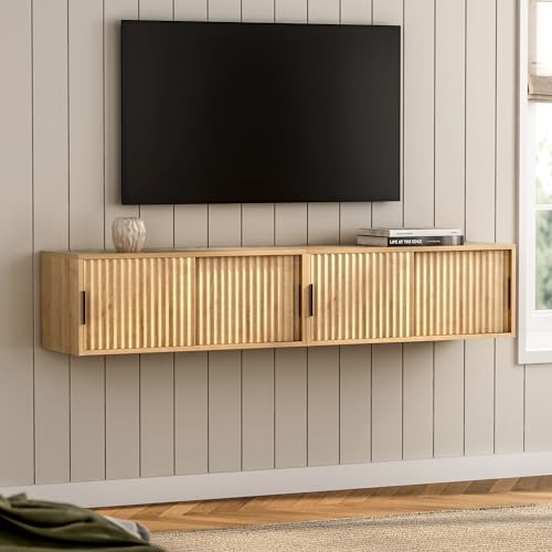 EYYTHUNG Floating TV Stands Set of 2, Modern Fluted Large Floating Nightstand Wall Mounted Bedside Cabinet with Sliding Doors for Bathroom, Living Room, Bedroom, Natural Oak