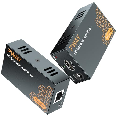 PWAYTEK 400Ft HDMI Extender Over IP, HDMI Over Ethernet Cat5 Cat6, HDMI Over POE, One to Many by 100M/1000M Switch, HDMI Balun No Delay 1080P HD Video Extender for TV/Monitor