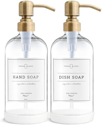 Vine Creations Clear Glass Soap Dispenser, 2 Pack Kitchen Soap Dispenser Set with Stainless Steel Pump, 16 oz Dish Soap and Hand Soap Dispensers for Bathroom with Waterproof Labels
