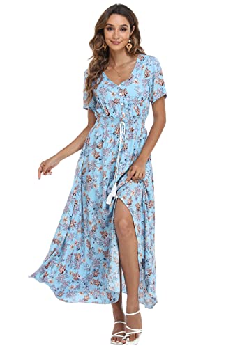 Image of VintageClothing Women's Floral Maxi Dresses Boho Button Up Split Summer Casual Long Dress Beach Party Dress