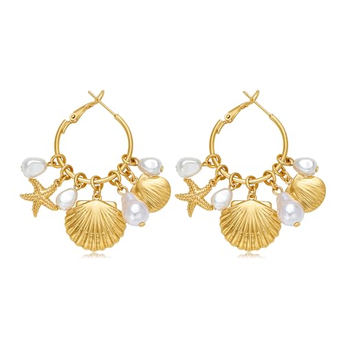 CLASSYZINT Gold Seashell Earings for Women Starfish Dangle Hoop Simulated Pearls Pendant Huggie Hoops Detachable Ocean Theme Earrings