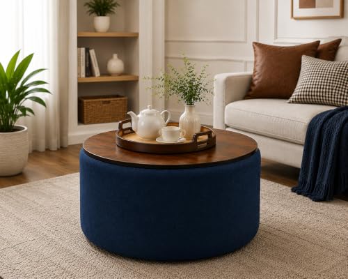 Image of Elegent Round Coffee Table with Wooden Top, Storage Ottoman Tables for Living Room, Centre Tables, Tea Tables, Farmhouse, Wood Drum Coffee Table, Upholstered Ottoman Accent Table (Blue)