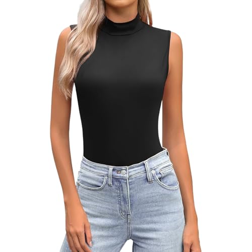 2026 - Camiseta sin mangas sin mangas con cuello alto para mujer en corte ajustado, camiseta básica elástica informal para mujer, blusa brillante elegante, Negro , S