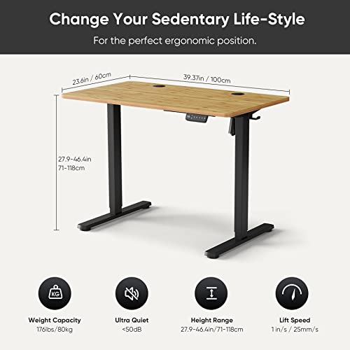 Vosatron Height Adjustable Electric Standing Desk, 40 X 24 Inches Sit Stand Up Desk With Splice Board, Memory Computer Home Office Desk With Caster Wheels, Black Frame/Bamboo Top #TOP5