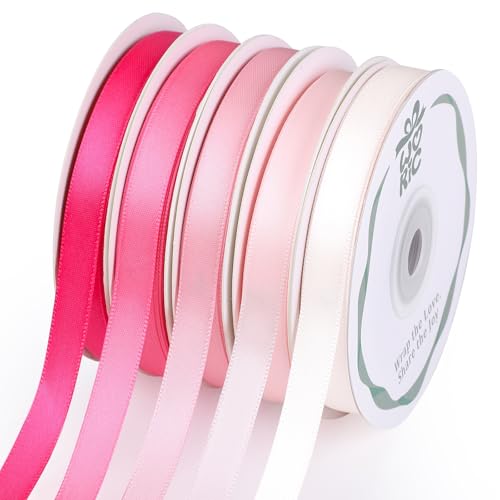 woric Double Faced Pink Satin Ribbon 3/8 Inch x 5 Rolls Total 50 Yards, 10 Yd/Roll Craft Thin Ribbon for Valentine's Day Gift Wrapping Hair Bows Baby Bridal Shower Wedding Decoration