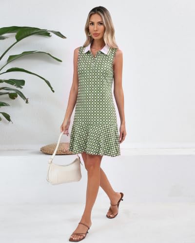 Image of YEXPINE Women's Sleeveless Polo Dress Ruffle Hem Lapel V Neck T-Shirt Summer Mini Dresses