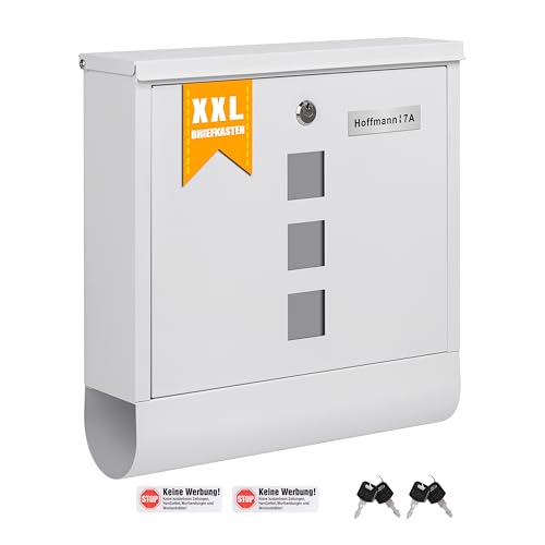 Zedelmaier XXL Personalisiert Briefkasten mit Edelstahl Namensschild 35 x 35 cm mit 4 Schlüsseln für B5&C4 Umschlag Postkasten Wandbriefkasten Mailbox Briefkästen mit Zeitungsfach Weiß