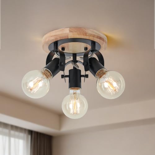 Image of Farmhouse Flush Mount Ceiling Light with Natural Wood Base, Industrial Black Metal Semi Flush Mount Light Fixture, E26 Socket, Rustic Close to Ceiling Lamp for Hallway Entryway Kitchen Bedroom