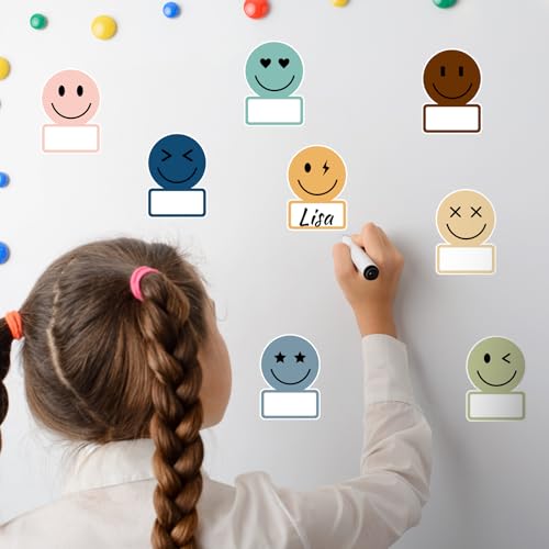 Image of Whaline 135 Pcs Boho Smile Face Name Tag Stickers Dark Color 9 Designs Nameplate Decals Classroom Bulletin Board Labels for Back to School Desk Wall Message Board Decor
