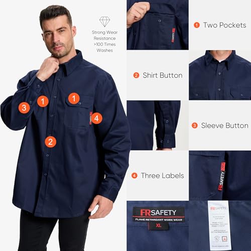 SRsafety Hi Vis FR Shirts for Men,7.0oz Long Sleeve FR Work Shirts,100% Cotton High Visibility Fire Shirt