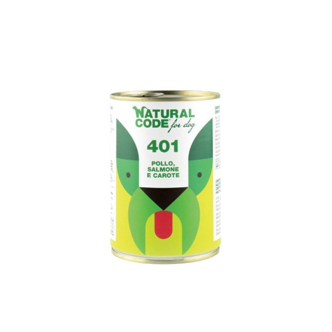 Natural Code - Comida húmeda para perro número 401 con sabor a pollo, salmón y zanahorias, alimento completo para perros adultos de todas las tallas y razas, en lata, 6 latas de 400 gramos cada una, 6