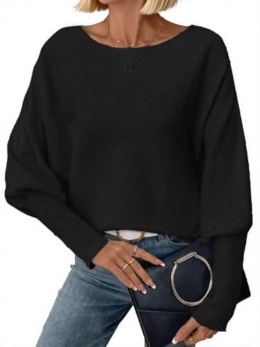 Dressmine Womens Fluffy Off Shoulder Sweatshirts Long Sleeve Tops Knit Batwing Pullover Boat Neck Fall Sweater Clothes