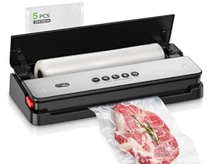 Bonsenkitchen Vakuumiergerät, für Trockene und Feuchte Lebensmittel Vakuumierer mit Eingebauter Cutter, Enthält 1 Rolle Folienbeutel, 5 vorgeschnittene Vakuumbeutel