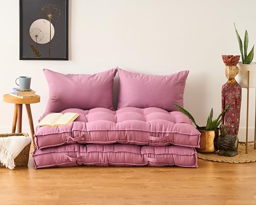 Image of Skanda Fab Low Seating Cushion -100% Cotton Twill, Hand-Plotted Microfiber Filling, Floor Cushion with 2 Back Support Cushions - Ideal for Living Room, Balcony, Lounge- 80x120 Lilac Purple (Pack of 2)