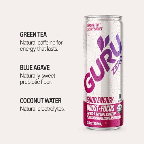 Image of GURU Zero Sugar Energy Drink, Dragon Fruit Cherry Sorbet Organic Sparkling Energy Drink with 140 MG Natural Caffeine & Coconut Water for Workouts, Performance & Midday Boost, Gluten Free, Vegan, 12 Fl Oz, 24 Pack