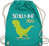 Shirtracer Turnbeutel Jute Beutel Gym Bag Rucksack - Schulanfang & Einschulung Geschenk Turnbeutel - Schulkind 2023 - Dino mit Skateboard - Unisize - Türkis - tasche 1. schultag - WM110