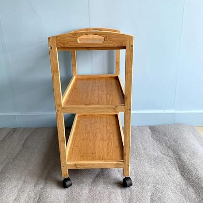 3 Tier Bamboo Kitchen Storage Rolling Shelf with Wheels, Serving Kitchen Island Bar, Organizer Cart for Home, Dining Room, Laundry Room with Lockable Castors-N4FzXoTv