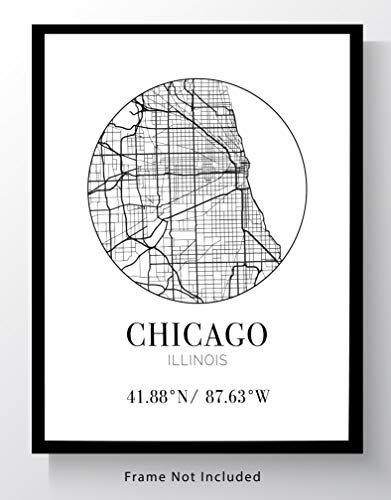 Chicago Il City Street Map Wall Art - 11X14 Unframed Modern Abstract Black & White Aerial View Decor Print With Coordinates. Makes A Great Chicago Illinois-Themed Gift. #TOP1