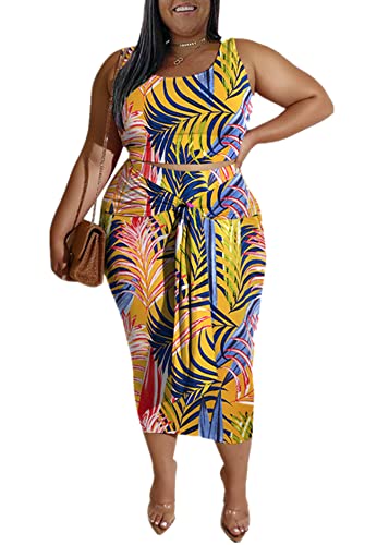 Image of Plus Size Women 2 Piece Outfits Sets Sexy Tracksuit Midi Dress,Sleeveless Tank Top Bodycon Skirts Set Casual Summer