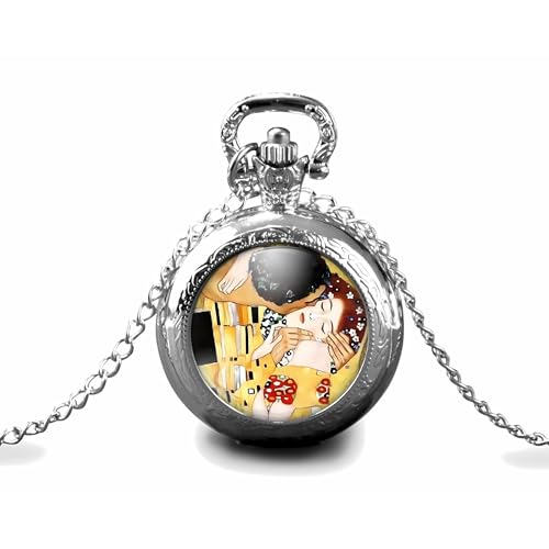Montre à gousset fantaisie argentée, sautoir illustré, parure « Le baiser », Klimt, peinture,...