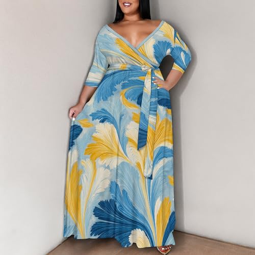 Image of SUZONANA Plus Size Maxi Dresses for Curcy Women Casual Loose 3 /4 Sleeve Long Dress with Belt