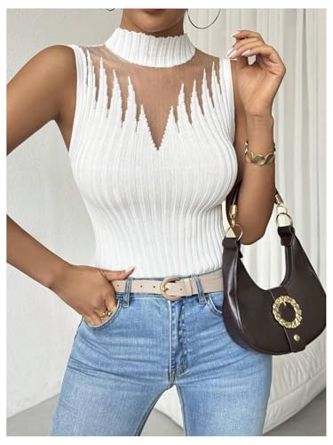 Image of Floerns Women's Mock Neck Sleeveless Sweater Vest Contrast Mesh Ribbed Knit Pullovers White Large