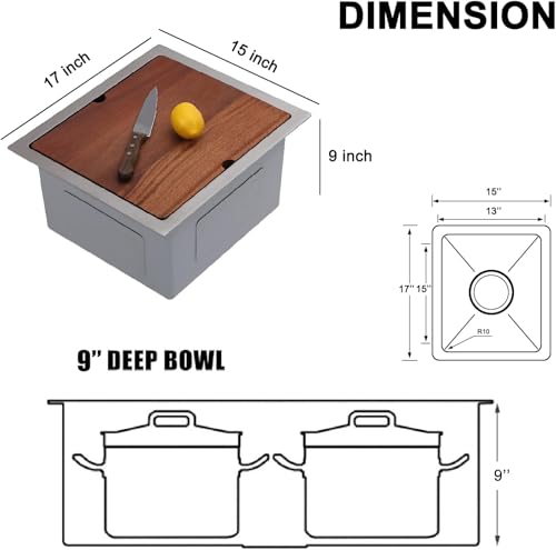 Image of 15x17 inch Undermount Bar Sink, 15 Inch Stainless Steel Single Bowl Small Kitchen Prep Wet RV Platio Sink Workstation 16 Gauge with Accessories
