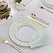 Nervure 25 Guest Mint Gold Plastic Plates with Gold Silverware,Disposable Cups-Include 25 Dinner Plates, 25 Dessert Plates, 25 Forks, 25 Knives, 25 Spoons & 10 oz Plastic Cups