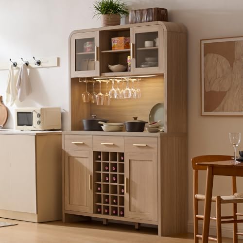 Image of 77 inch Tall Pantry Cabinet & Coffee Bar Cabinet with Storage,Natural Oak | Wine Cabinet for Dining Room Home with LED Lighting & Charging Station, Bar Cabinets for Kitchen,Dining Room, Living Room
