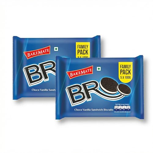Image of BakeMate BRO Choco Vanilla Sandwich Biscuits Family Pack - Combo Pack of 2 (500g Each) | Vanilla Cream Biscuit | Snack for Kids | Family Pack Sandwich Cream Biscuits | Tea Time Snack | Cookies Packs